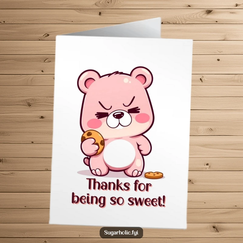 Funny Free Printable Thank You Card: Gummy bear caught mid-cookie theft, offering a charmingly guilty grin.