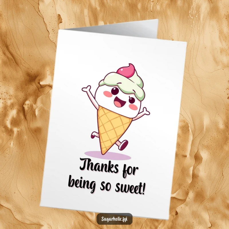 Funny Free Printable Thank You Card: An energetic ice cream cone cartwheels, dripping with appreciation and sweetness.