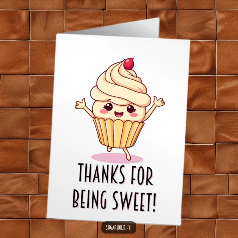 Funny free printable thank you card of a cheerful cupcake character dancing with delightful frosting swirls, a sweet way to say thanks.