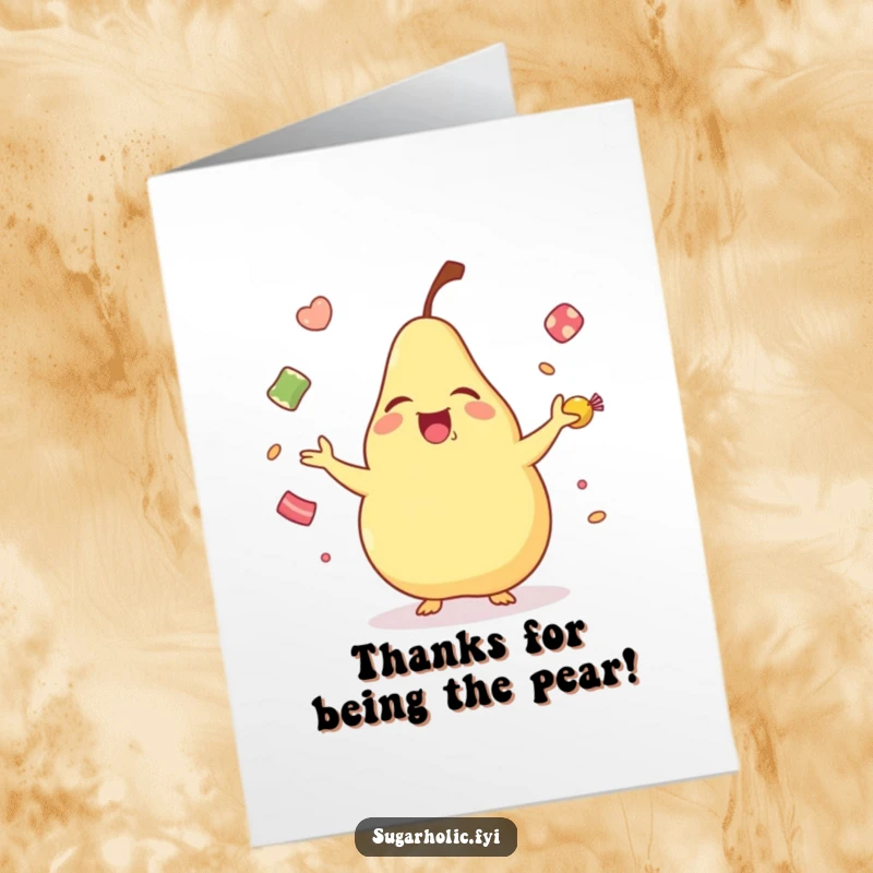 Funny Free Printable Thank You Card where a happy pear joyfully juggles candies, a sweet gesture of thanks.
