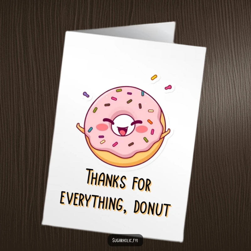 Funny Free Printable Thank You Card: A cheerful donut character winks while juggling sprinkles, expressing thanks.