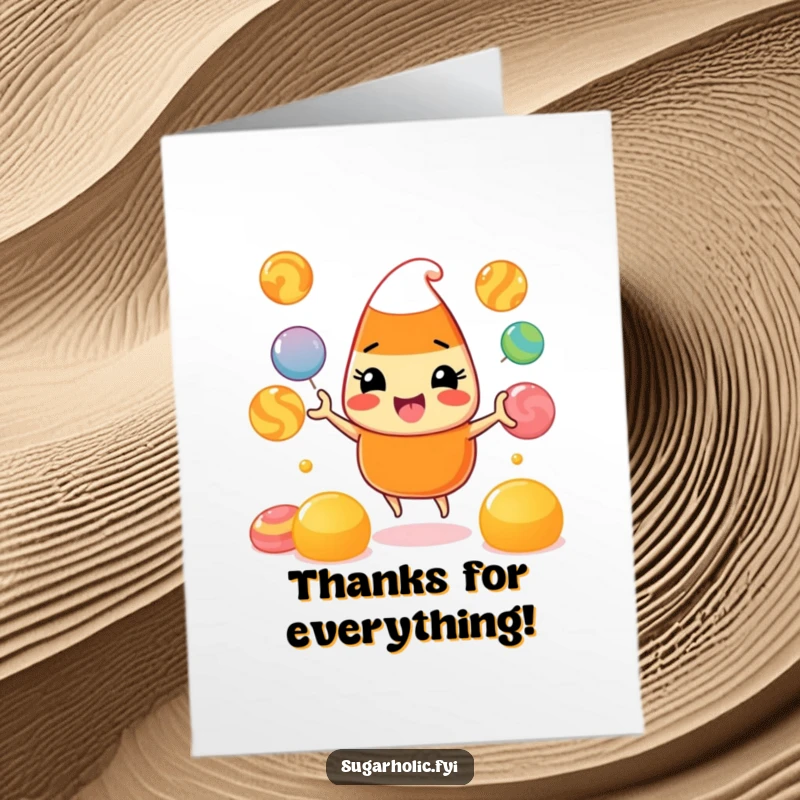 Funny Free Printable Thank You Card: A smiling candy corn character juggles colorful gumdrops, expressing thanks.