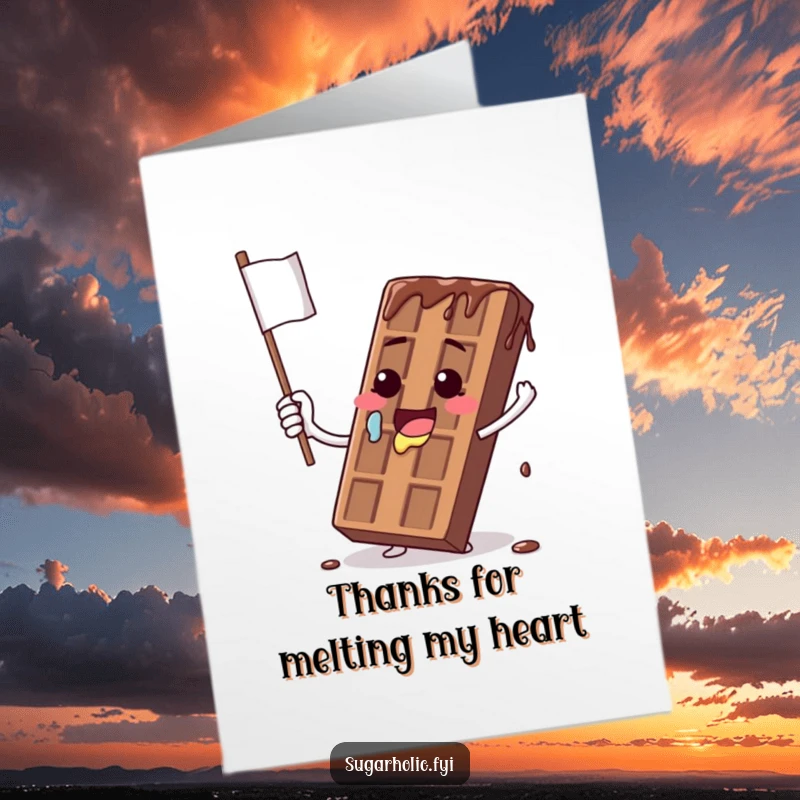 Funny free printable thank you card showing a melting chocolate bar comically waving a flag that is dripping, expressing thanks.