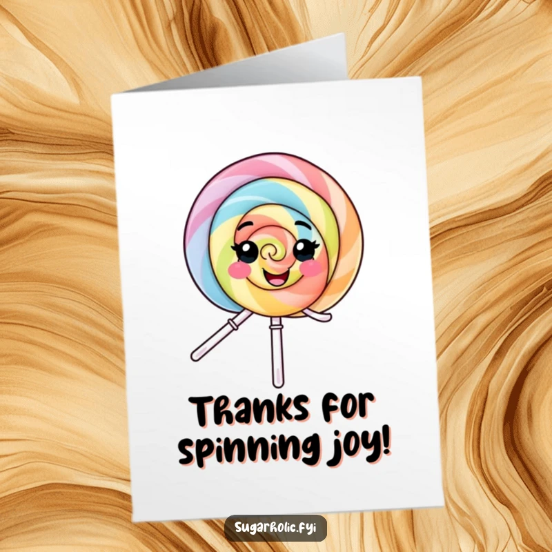 Funny Free Printable Thank You Card: A cheerful lollipop character spins gleefully, sending heartfelt thanks.