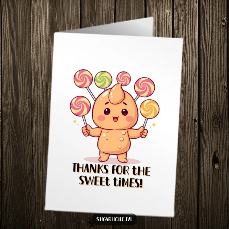 Funny Free Printable Thank You Card: A blushing caramel candy juggler shares thanks with a colorful cascade of gumdrops.