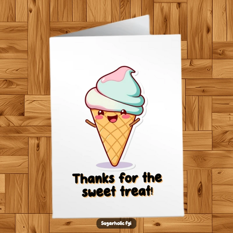 Funny Free Printable Thank You Card: Cheerful ice cream cone doing a happy spin, a delightful way to say thank you.