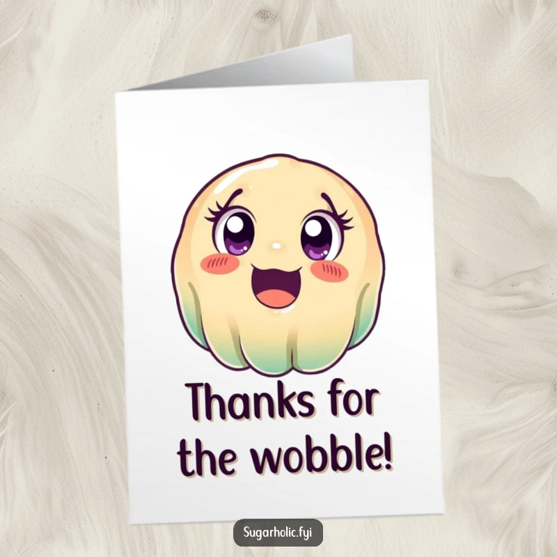Funny Free Printable Thank You Card featuring a wobbly jelly rolling with unrestrained excitement, conveying thanks.
