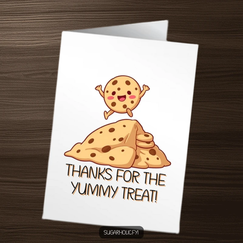 Funny Free Printable Thank You Card: A happy cookie character leaps energetically over a mountain of cookies.