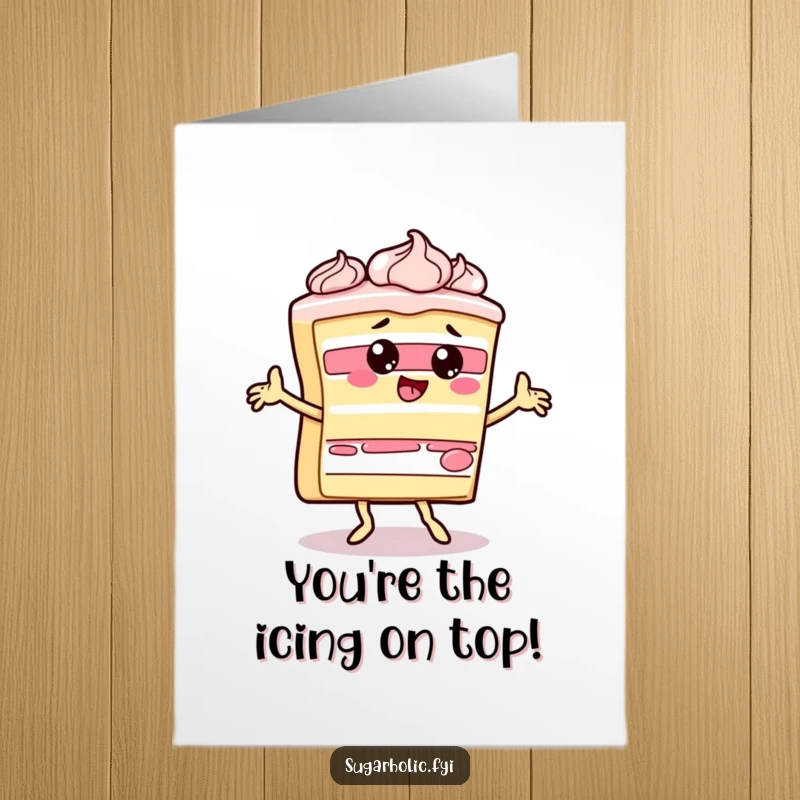 Funny Free Printable Thank You Card: A slice of cake dances goofily, frosting artfully smeared, expressing thanks.