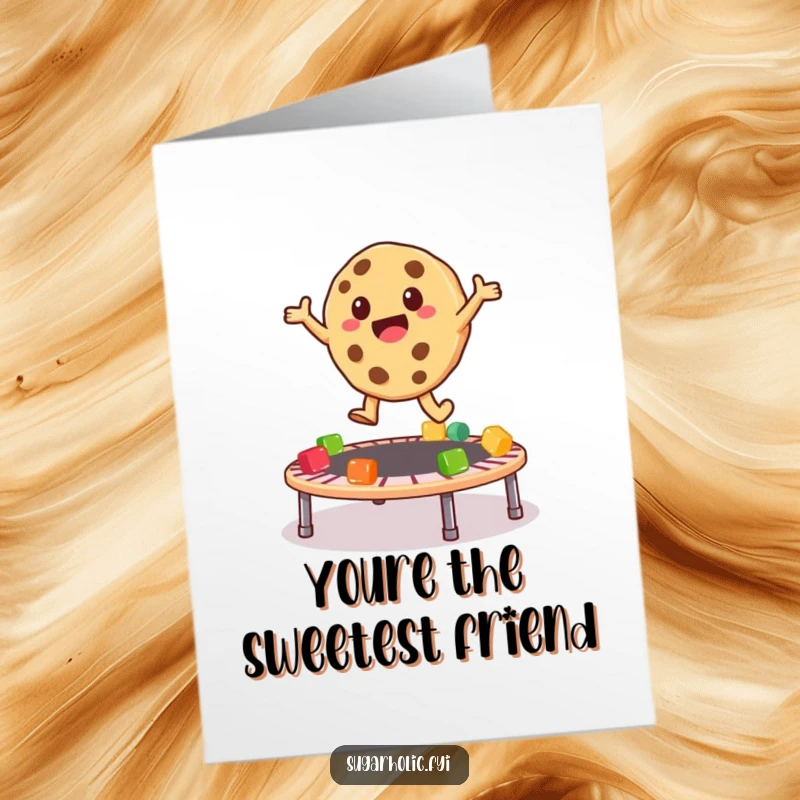 Funny Free Printable Thank You Card showing a cookie character joyfully bouncing on a gummy bear trampoline, spreading thanks.