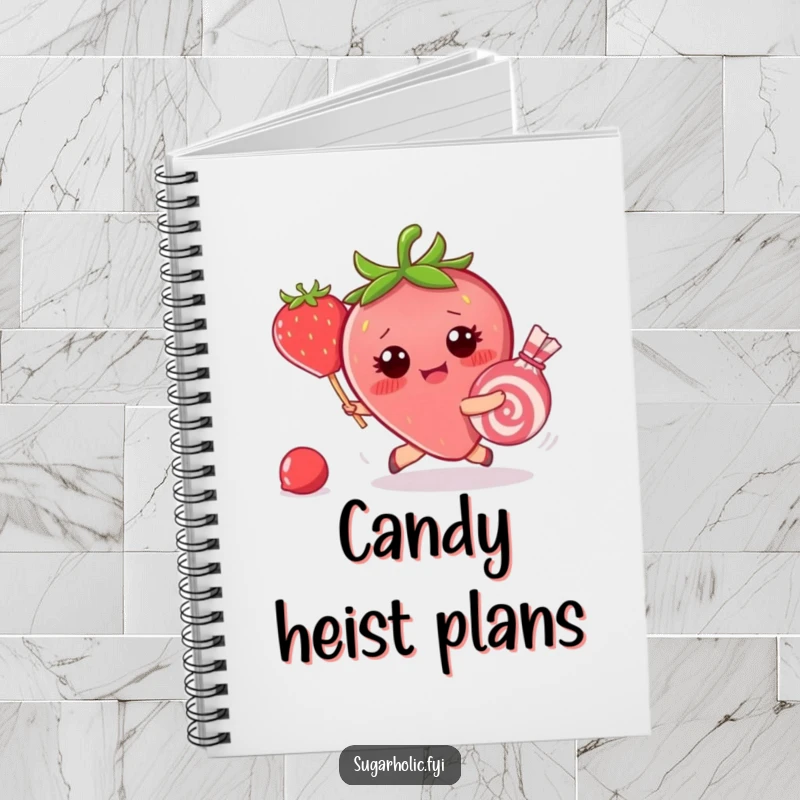 Funny notebook cover featuring a blushing strawberry character chasing a runaway candy, inspiring fun and creative note-taking.