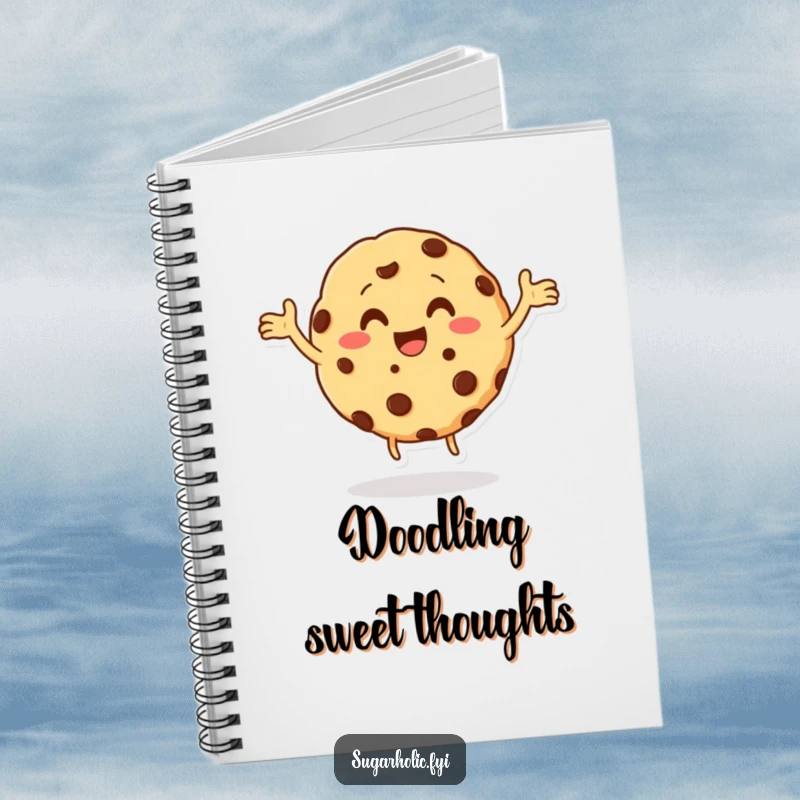 Funny cookie character with chocolate chips doing a happy dance on a notebook, perfect for cheerful note-taking, a humorous and funny gift.