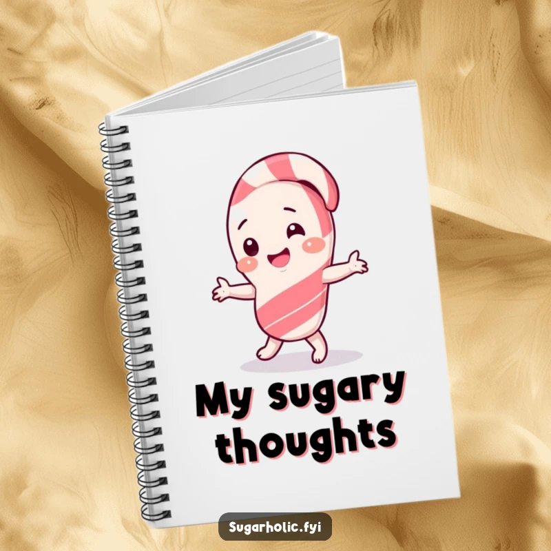 Funny Notebook with a giggling candy cane character doing a silly dance, ready for your ideas.