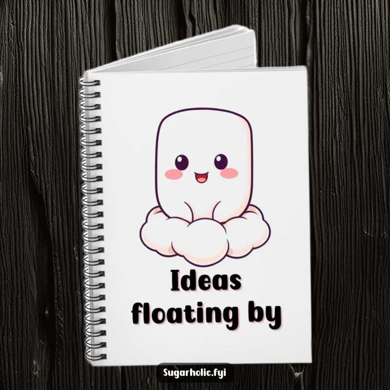 Funny Marshmallow Notebook featuring a cheerful marshmallow character floating on a cloud, perfect for notes and a funny gift.