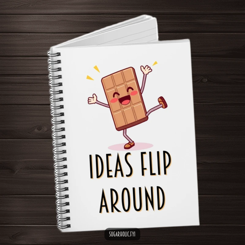 Funny notebook with a thrilled anthropomorphic chocolate bar character doing a cartwheel, inspiring energetic and humorous note-taking.