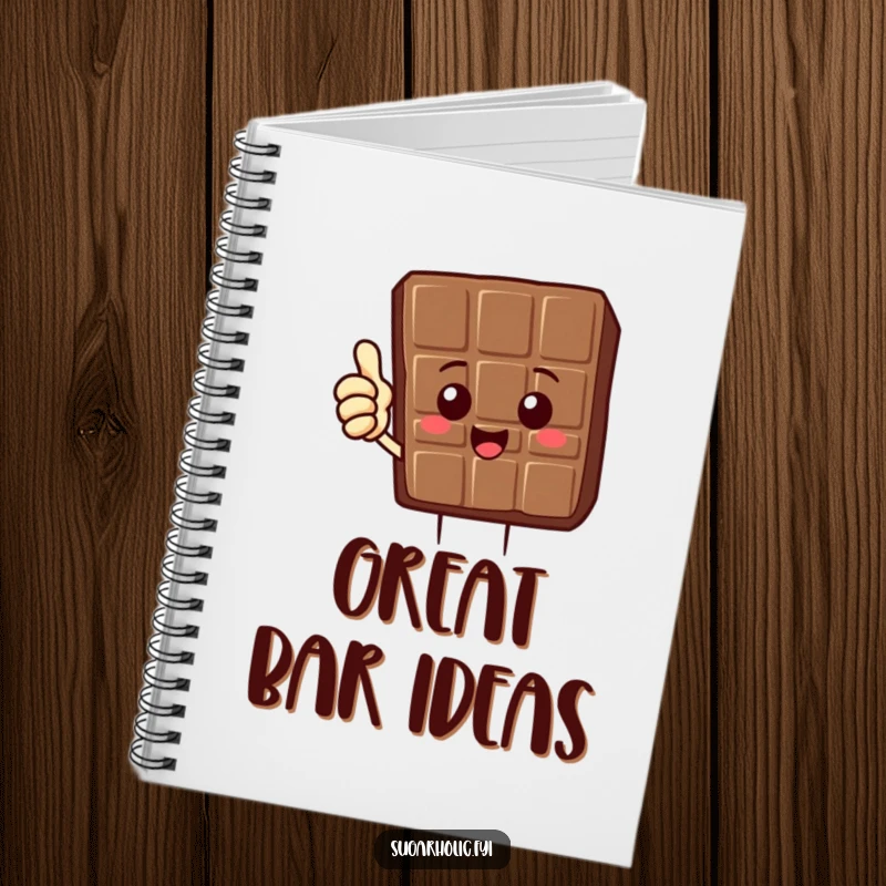 Funny Chocolate Bar Notebook featuring a delighted chocolate bar character giving a thumbs up, perfect for notes and a funny gift.
