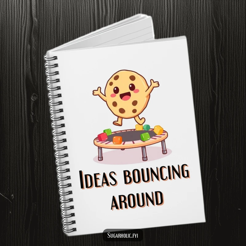 Funny Notebook cover showing a playful cookie character bouncing high on a trampoline made of gummy bears, inspiring energetic notes.