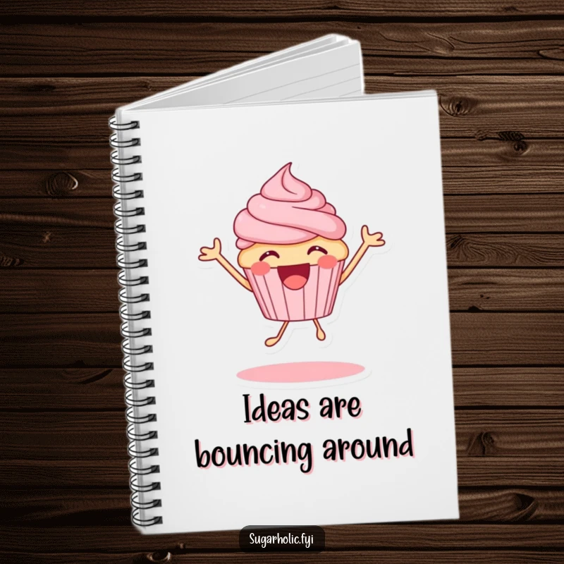 Funny excited cupcake character mid-bounce, a humorous notebook for creative minds, great for journaling.