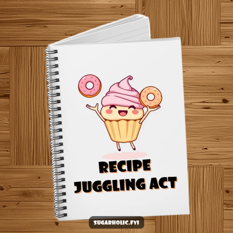 Funny notebook with a smiling cupcake character joyfully juggling three donuts, ideal for note-taking with a sweet, humorous touch.