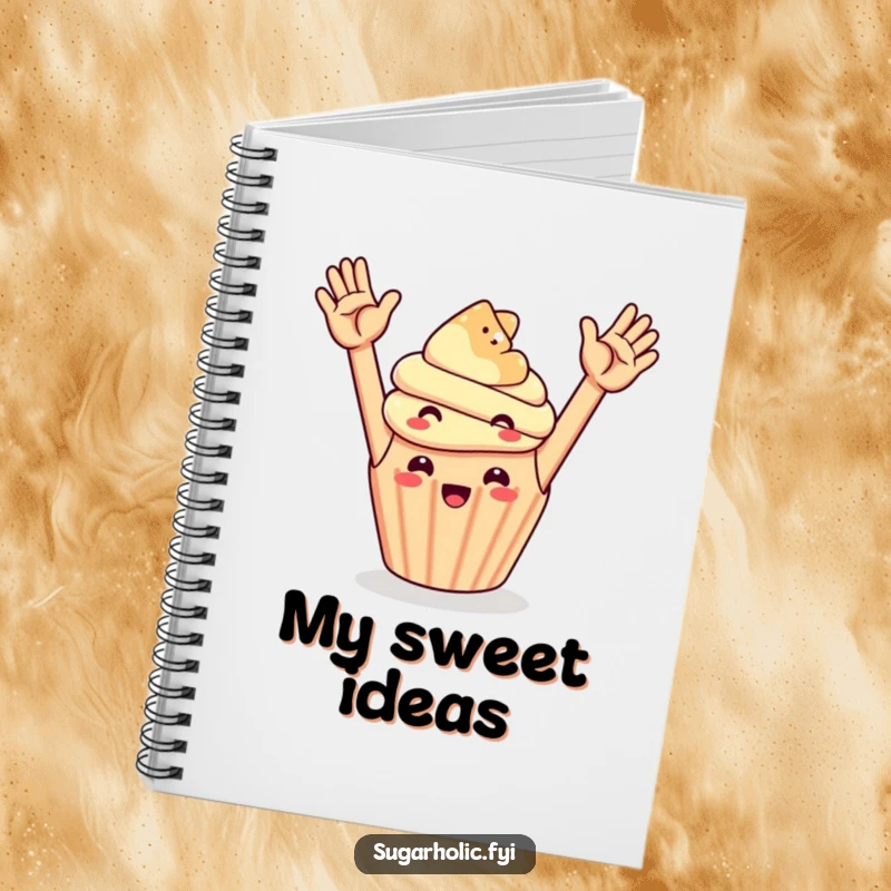 Funny cheerful cupcake high-fiving a floating gummy bear, a humorous notebook for capturing sweet thoughts.