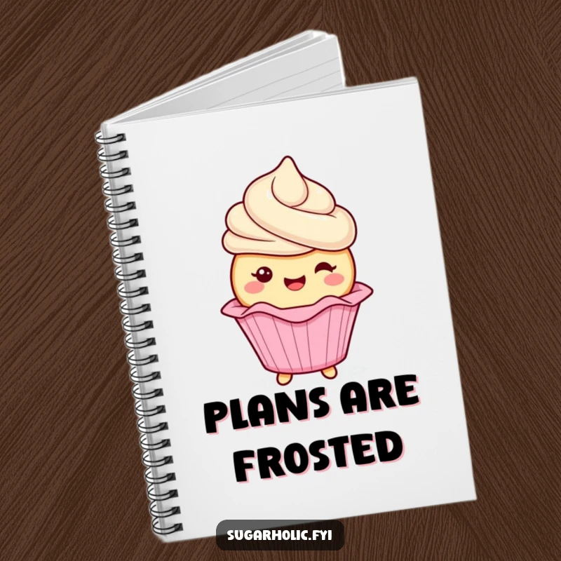 Funny cupcake character with frosting gleefully wiggling its wrapper on a notebook, perfect for cheerful note-taking, a humorous and sweet funny gift.