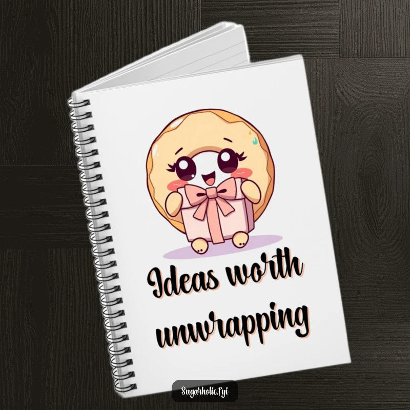 Funny donut character with wide eyes, unwrapping a present on a humorous notebook for capturing exciting ideas.