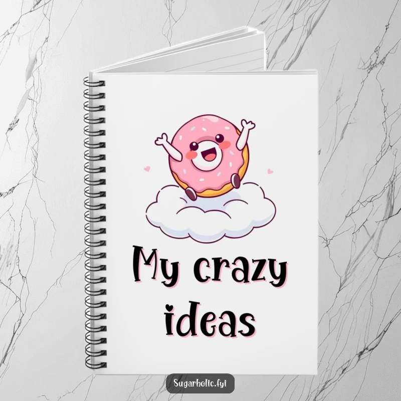 Funny notebook with a delighted doughnut character doing a cartwheel on a sugary cloud, perfect for colorful note-taking and doodling.