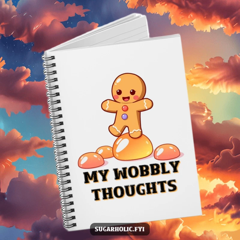 Funny notebook with a joyful gingerbread person character balancing on jelly candies, ideal for note-taking with a sweet touch.