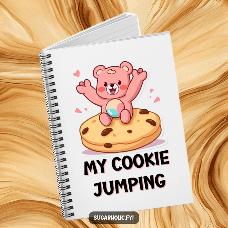 Funny notebook illustrated with a gummy bear character jumping on a giant cookie, ideal for jotting down sweet thoughts and ideas.