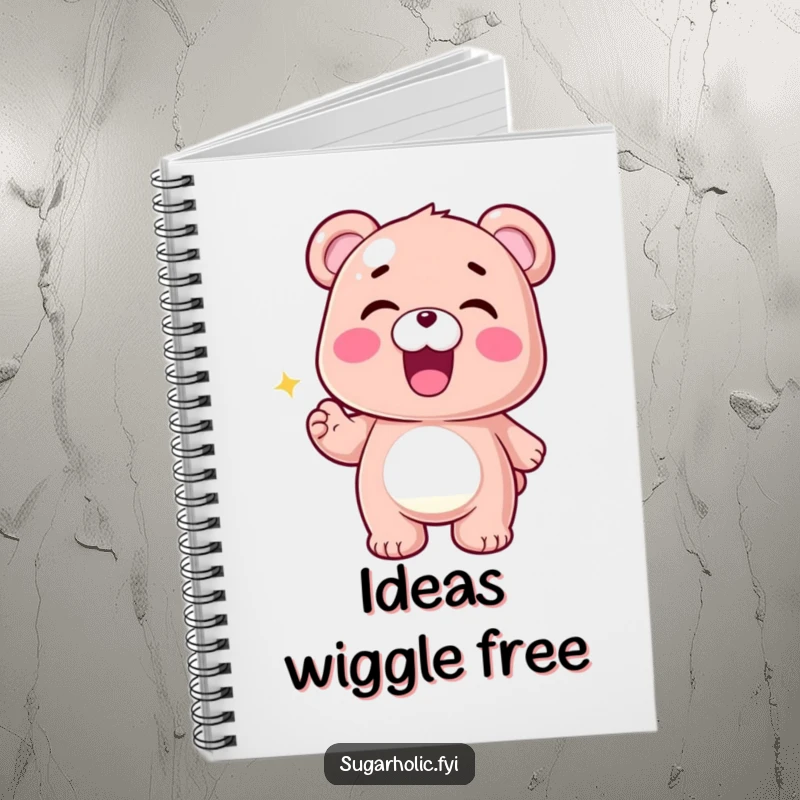 Funny Gummy Bear Notebook with a thrilled gummy bear character doing an excited wiggle, perfect for jotting down notes with humor.