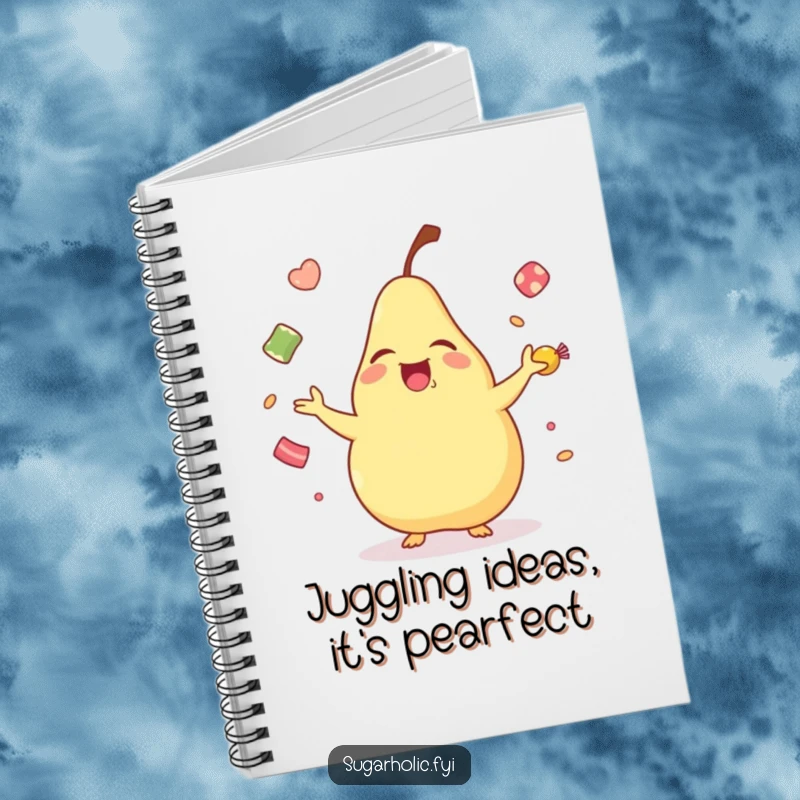 Funny laughing pear notebook, featuring a cartoon pear juggling candies, ideal for writing down notes with a smile and humor.