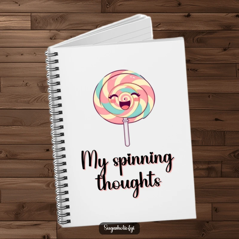 Funny gleeful lollipop character spinning with a radiant, sweet expression, a vibrant and funny notebook.