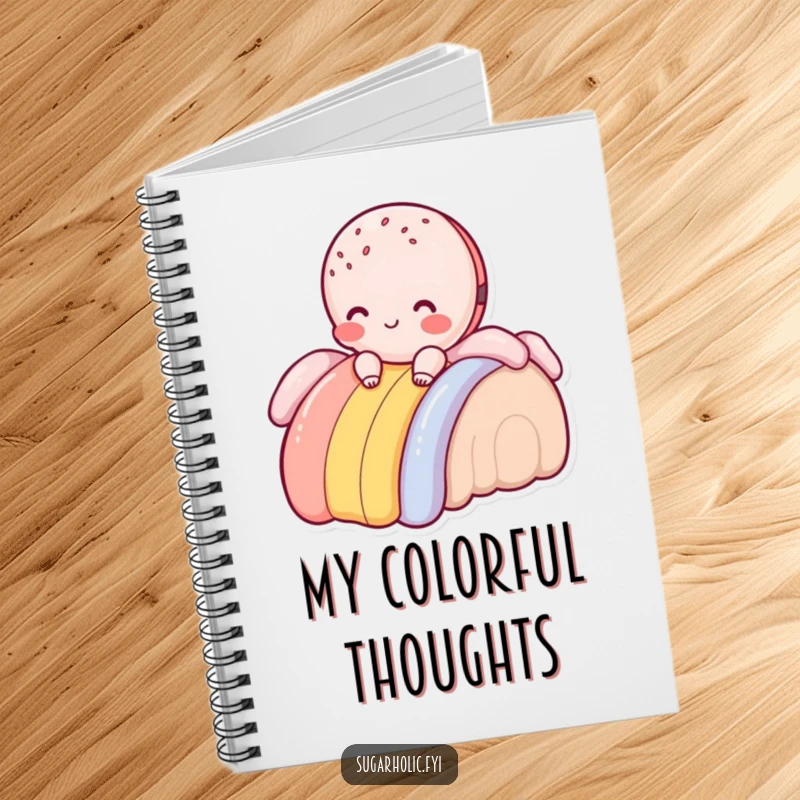 Funny blushing macaroon character sliding down a frosting rainbow, ruled notebook for sweet ideas and creativity.