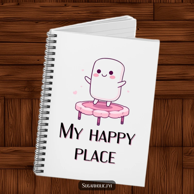 Funny notebook illustrated with a smiling marshmallow character bouncing on a candy floss trampoline, ideal for jotting down happy thoughts.