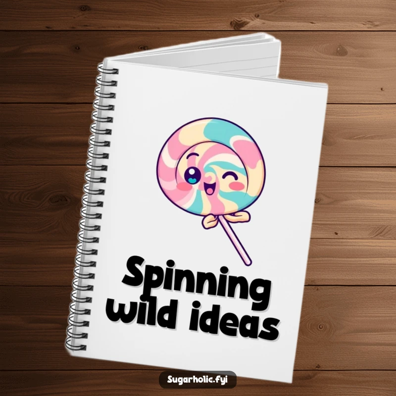 Funny Lollipop Notebook featuring a playful lollipop character spinning with delight, perfect for notes and a funny gift.