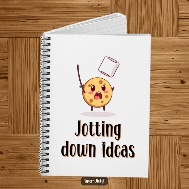 Funny notebook with a surprised cookie character comically attempting to catch a marshmallow, perfect for jotting down notes with humor.