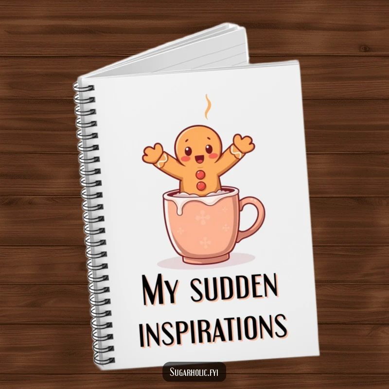 Funny notebook cover with a surprised gingerbread man character leaping over a steaming cocoa mug, ideal for festive notes.