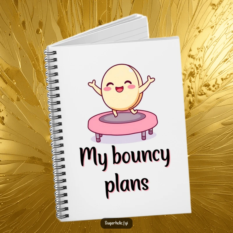 Funny macaron notebook featuring a delighted character bouncing on a jelly bean trampoline, hilarious journal for writing down playful ideas and notes.