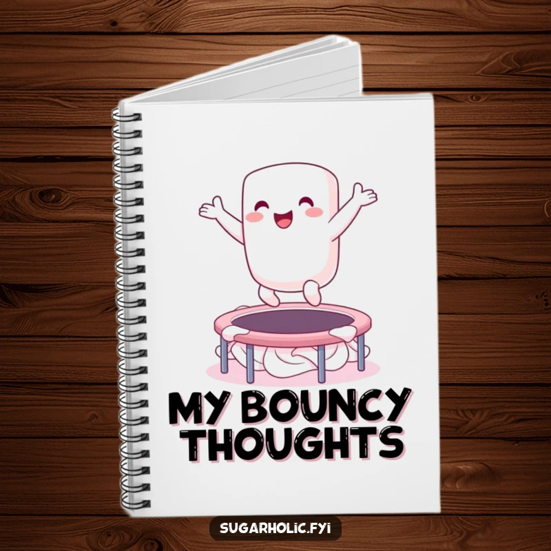 Funny notebook with an ecstatic marshmallow character bouncing on a whipped cream trampoline, perfect for jotting down joyful ideas and doodles.