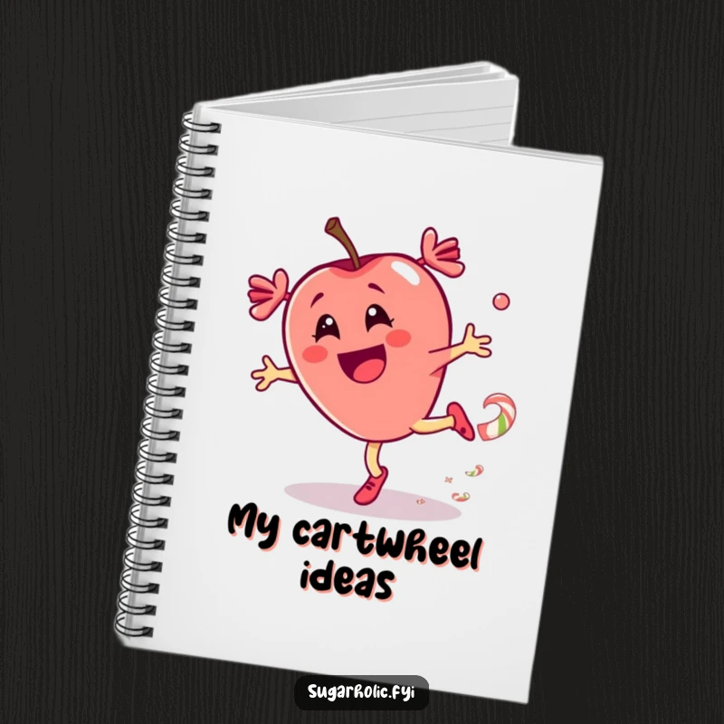 Funny notebook with a thrilled candy apple character doing a cartwheel and leaving a candy trail, ideal for capturing ideas with fun.