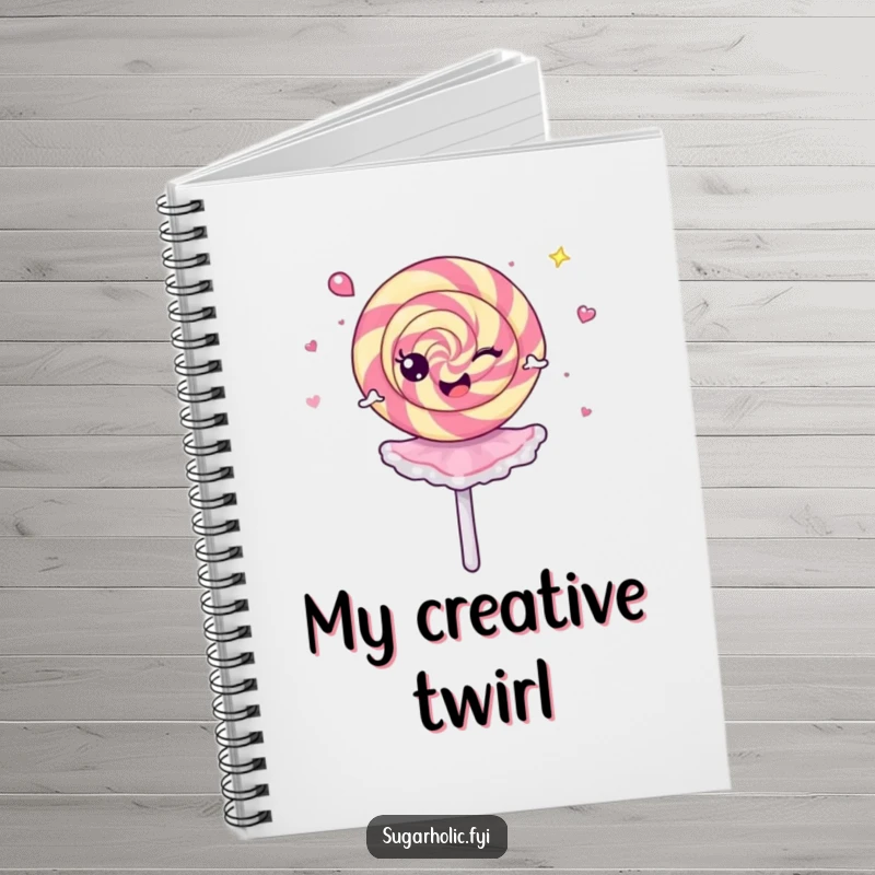 Funny Notebook with a cheerful lollipop doing a dizzy ballerina spin, ideal for jotting notes with playful flair.