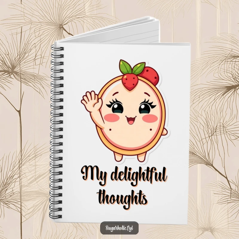 Funny notebook featuring a blushing fruit tart with eyelashes waving enthusiastically, perfect for journaling sweet thoughts.