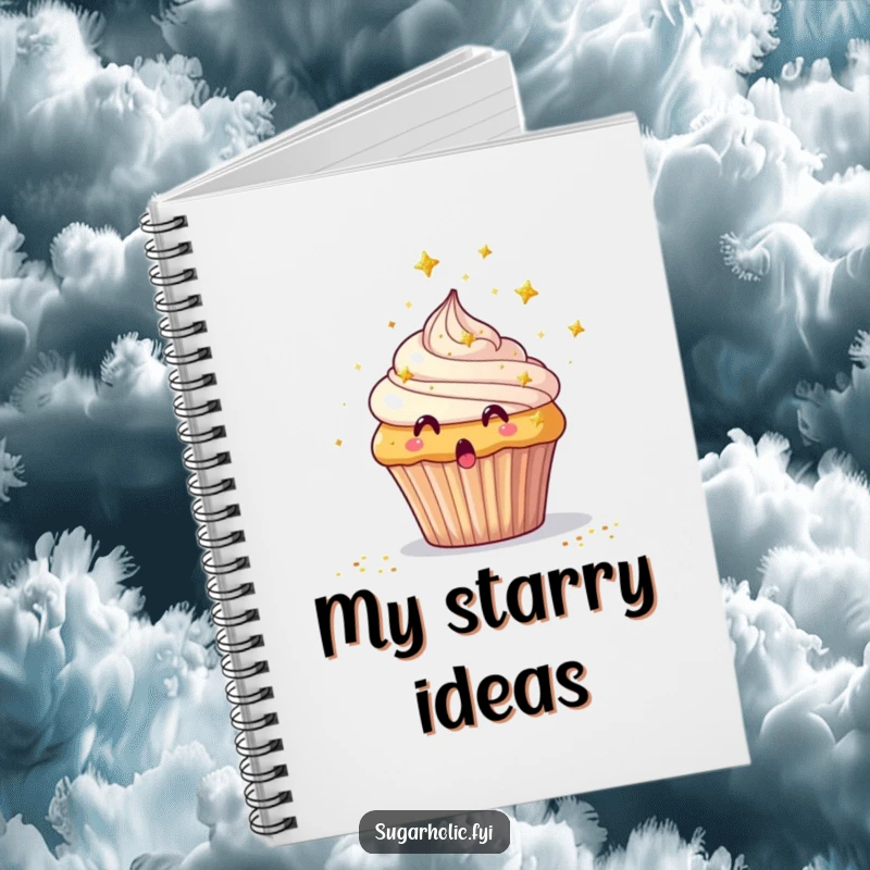 Funny Notebook with a surprised cupcake showered by tiny edible glitter stars, ideal for jotting notes.