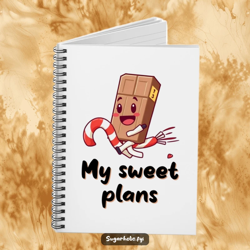 Funny chocolate bar character joyfully rides a runaway candy cane, inspiring creativity on this humorous notebook cover.