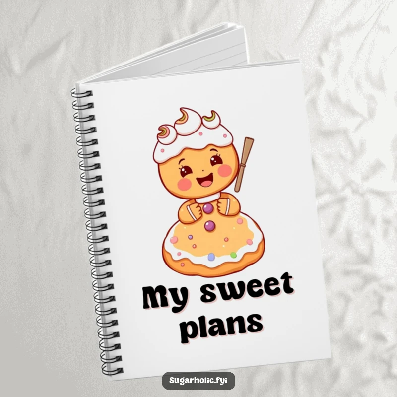 Funny gingerbread person character gleefully frosting a giant sugar cookie, a whimsical and practical notebook.