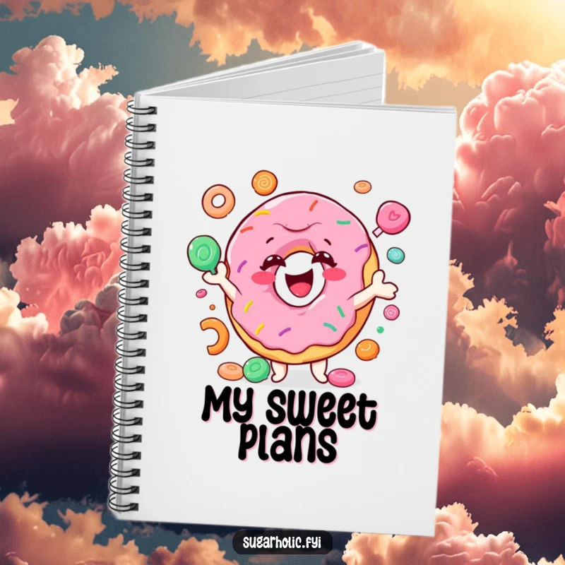 Funny donut notebook featuring a smiling character joyfully juggling colorful candy, hilarious journal for writing down sweet ideas and daily notes.