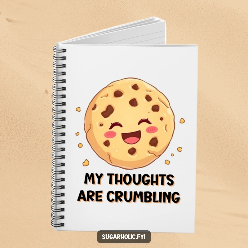 Funny cookie crumble notebook, featuring a cartoon cookie cheerfully crumbling, ideal for jotting down notes with a smile.