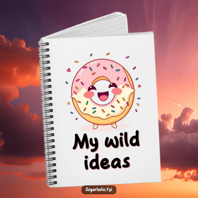 Funny Notebook with a laughing donut character juggling colorful sprinkles, perfect for your notes.