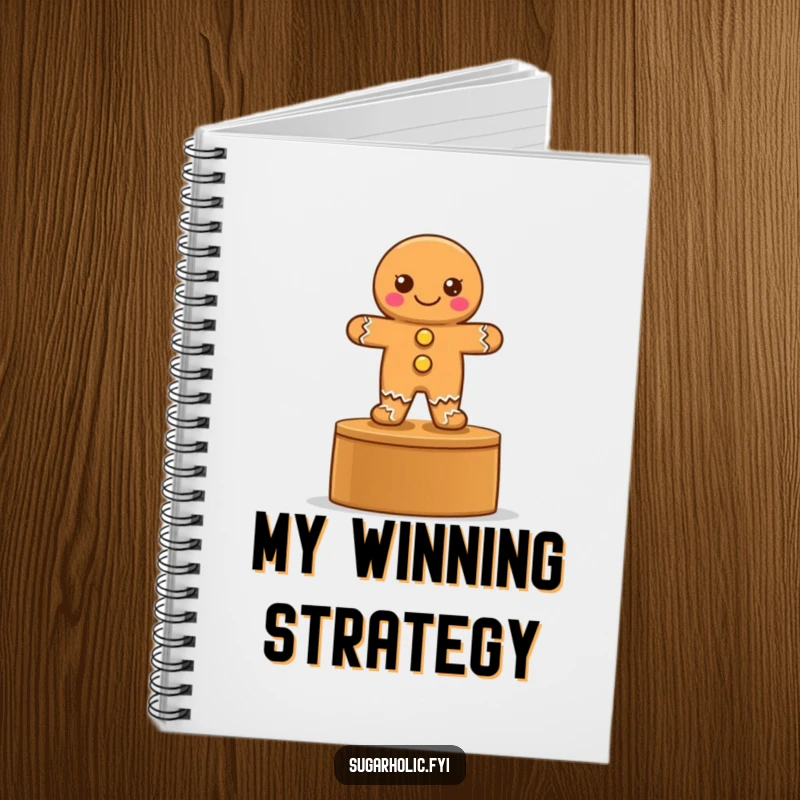 Funny notebook featuring a proud gingerbread cookie with button eyes on a podium, perfect for note-taking and planning.