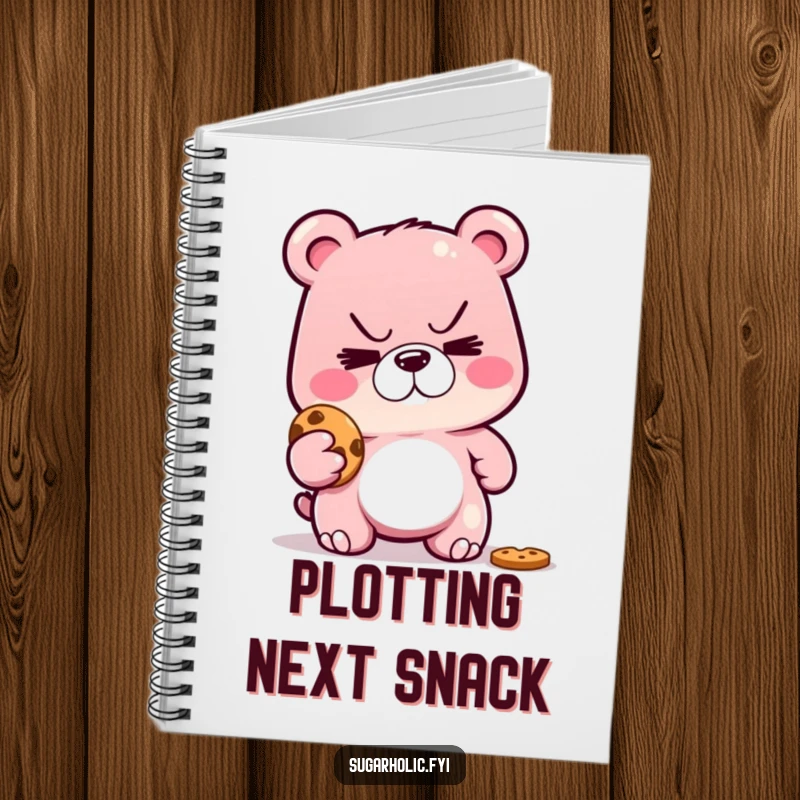 Funny notebook with a sly gummy bear, mischievous grin, caught trying to steal a cookie, perfect for notes and lists.